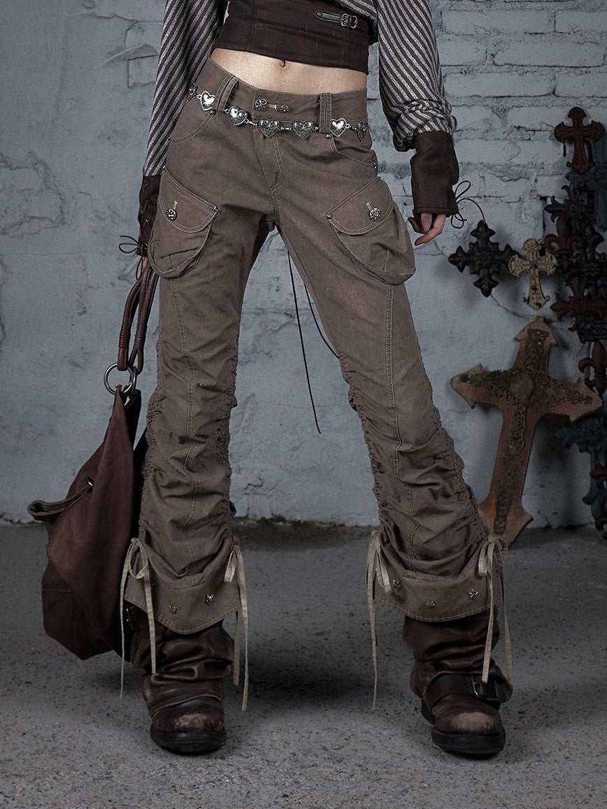 NO ROMANCE 100 Percent Cotton Slim Cargo Original Natural Waist Girls Beige Straight Pants