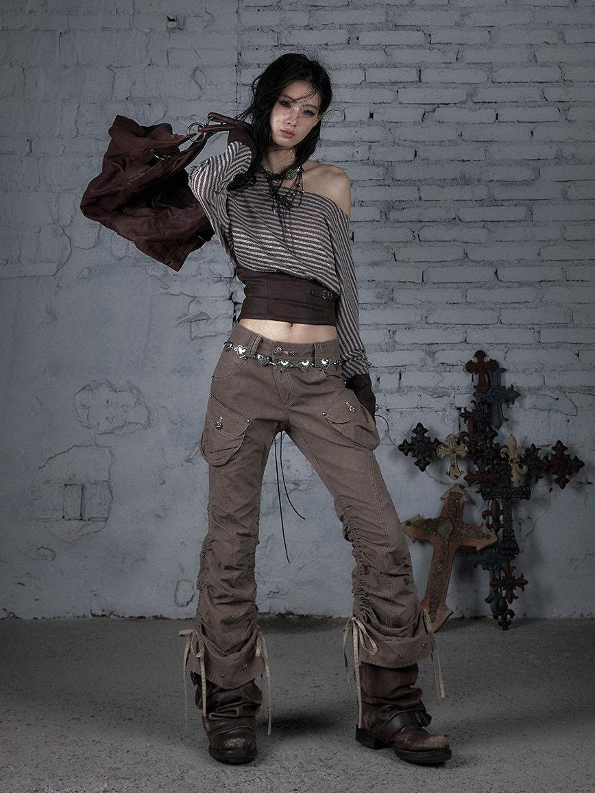 NO ROMANCE 100 Percent Cotton Slim Cargo Original Natural Waist Girls Beige Straight Pants