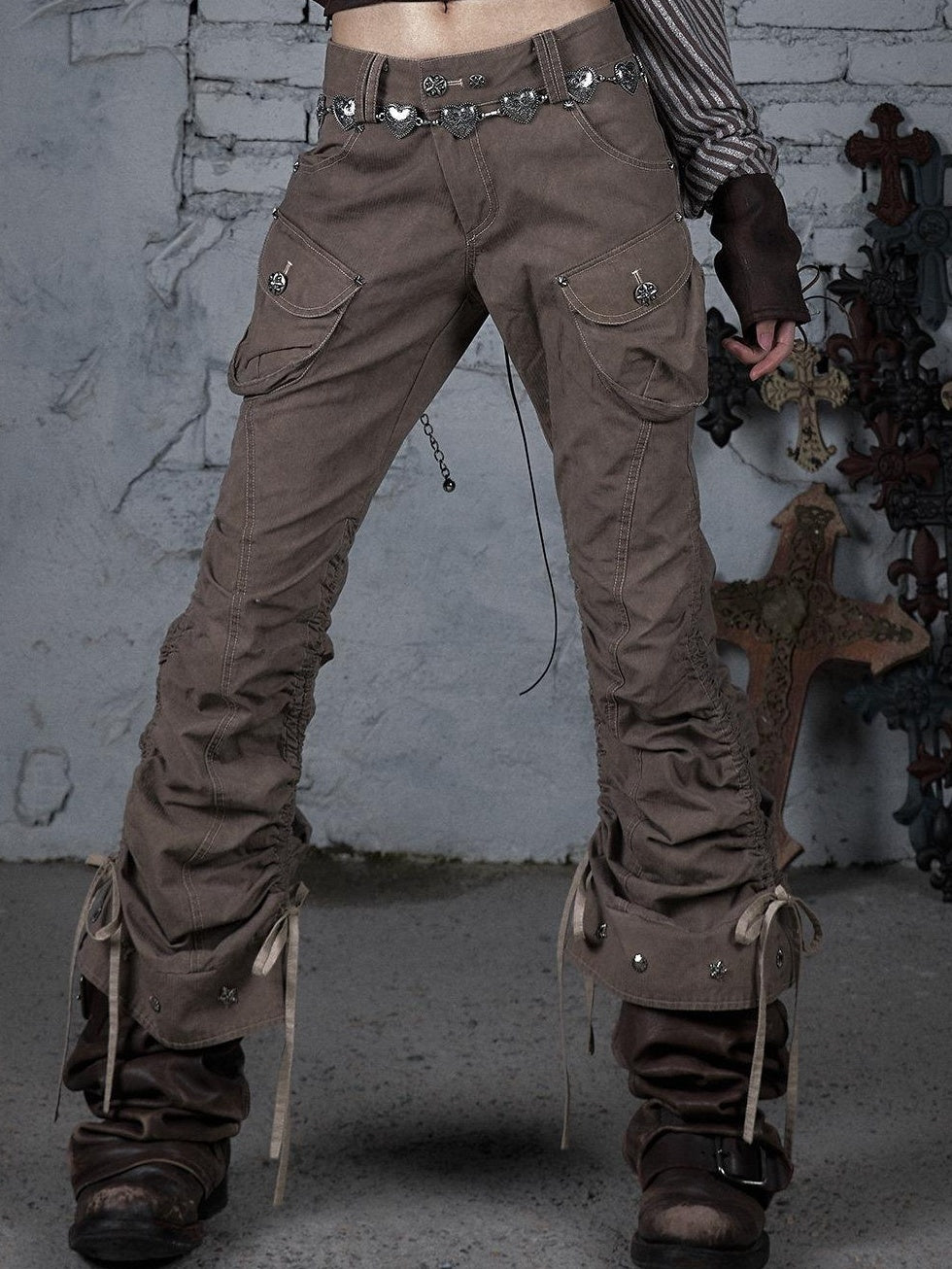NO ROMANCE 100 Percent Cotton Slim Cargo Original Natural Waist Girls Beige Straight Pants