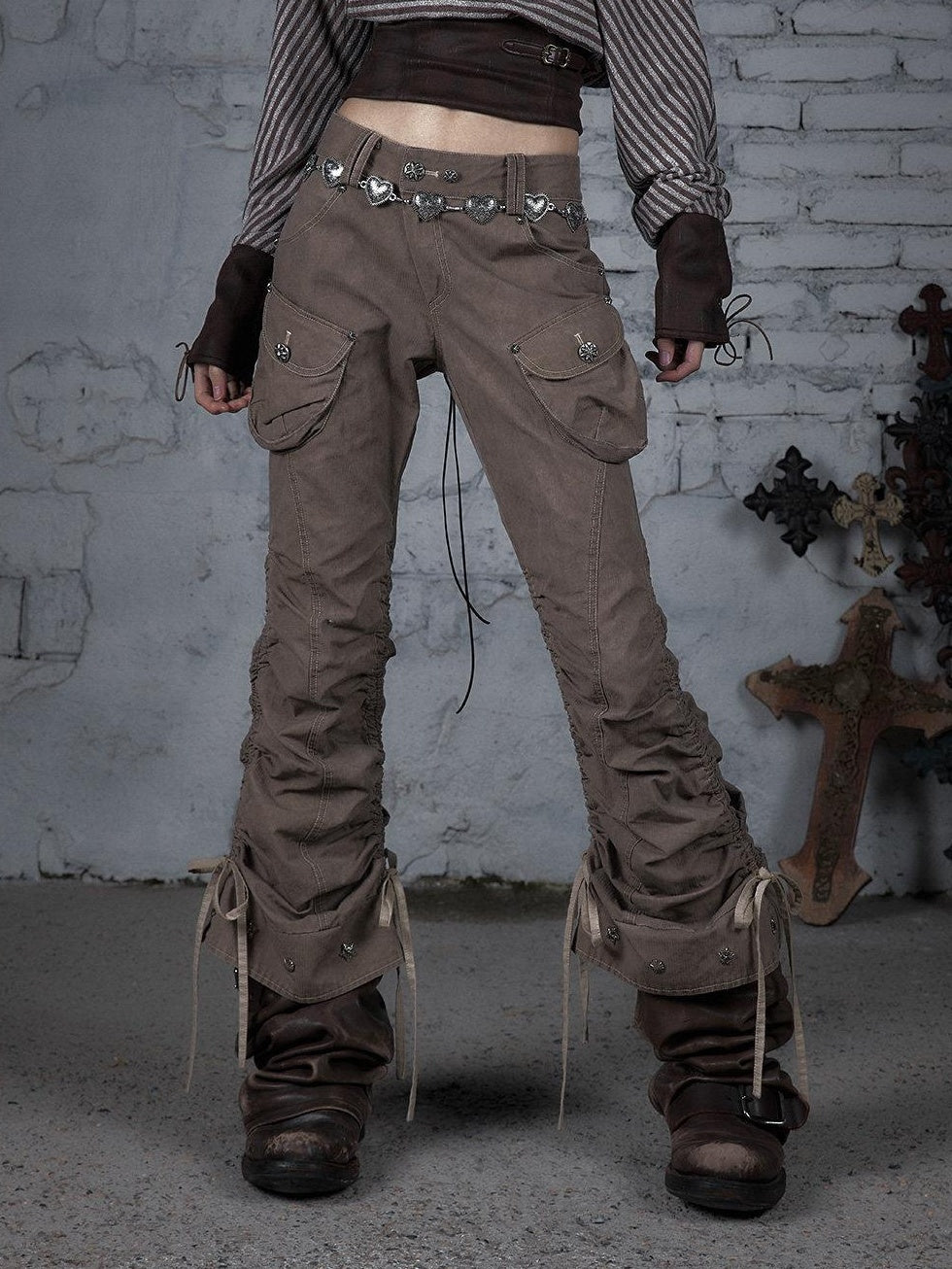 NO ROMANCE 100 Percent Cotton Slim Cargo Original Natural Waist Girls Beige Straight Pants