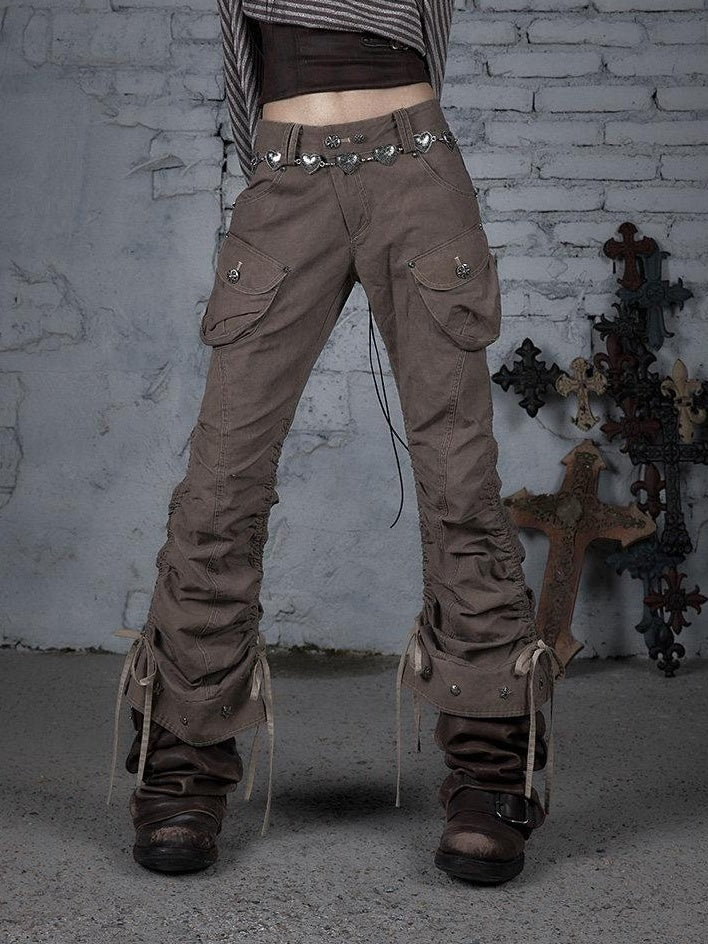 NO ROMANCE 100 Percent Cotton Slim Cargo Original Natural Waist Girls Beige Straight Pants