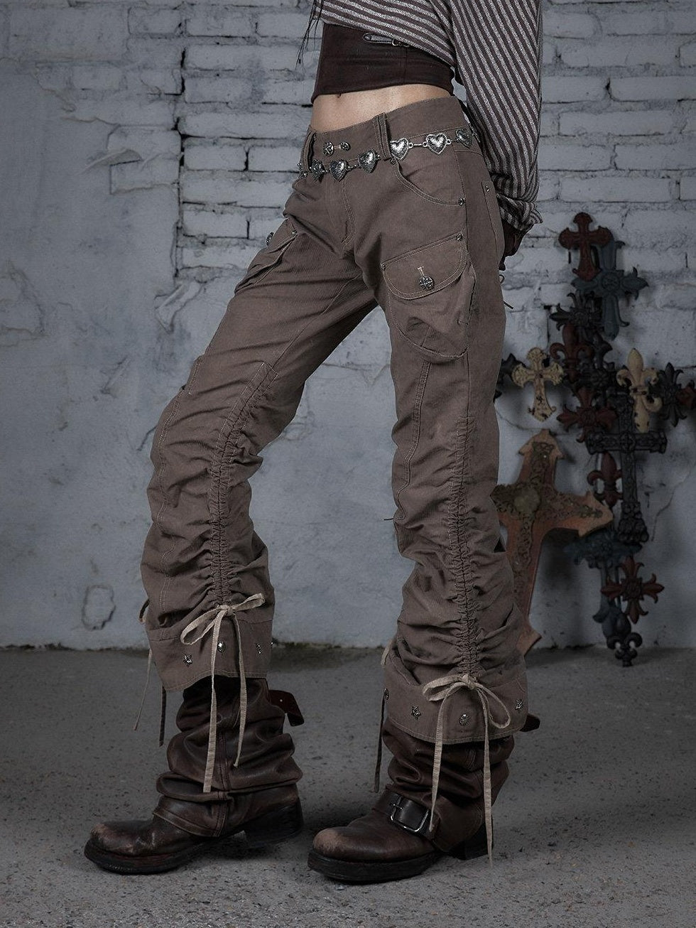 NO ROMANCE 100 Percent Cotton Slim Cargo Original Natural Waist Girls Beige Straight Pants
