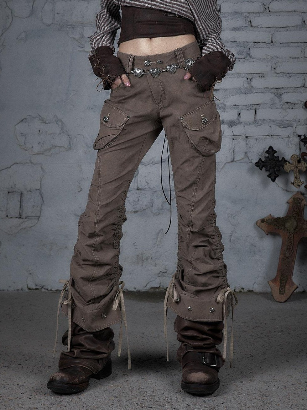 NO ROMANCE 100 Percent Cotton Slim Cargo Original Natural Waist Girls Beige Straight Pants