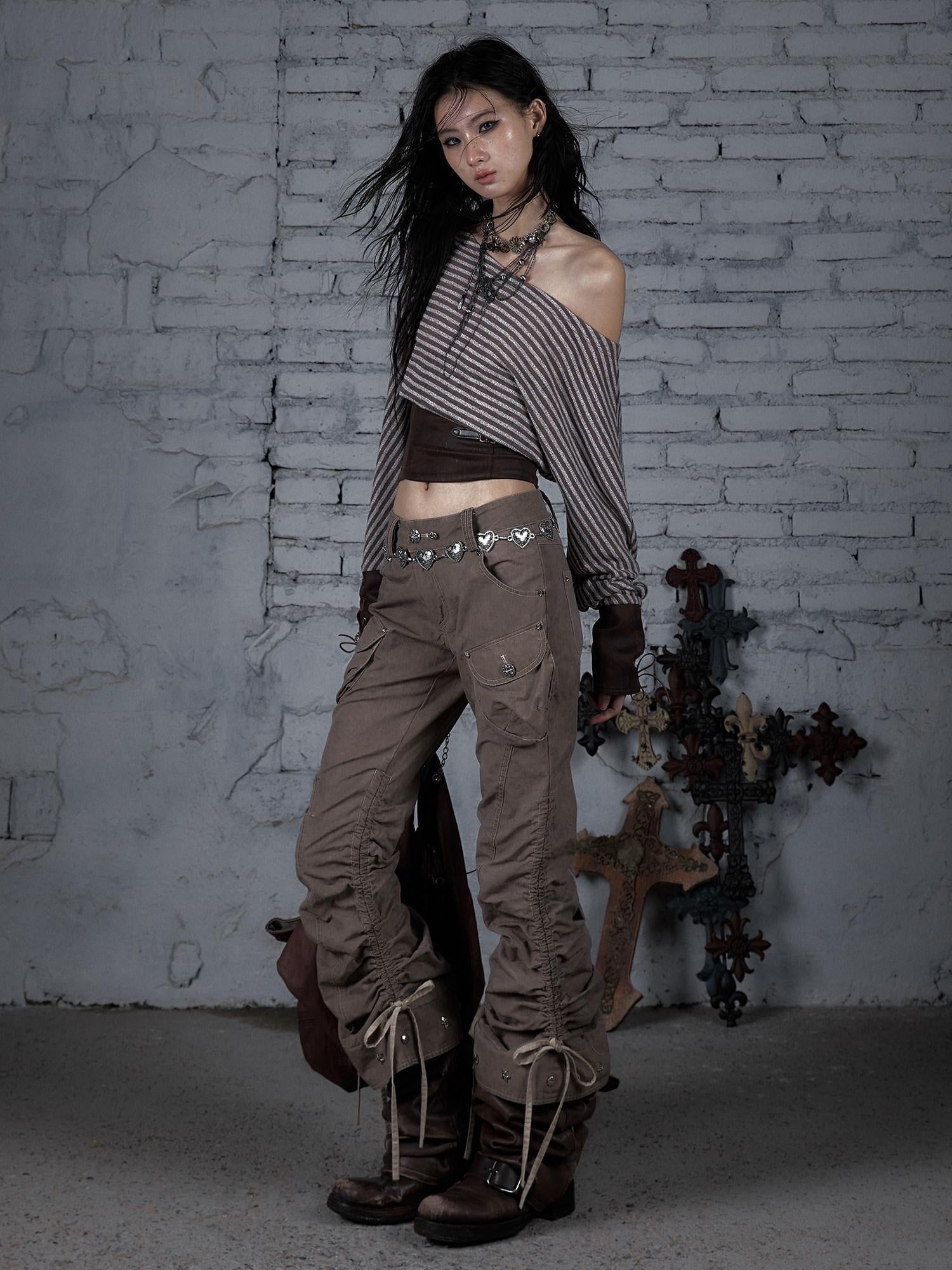 NO ROMANCE 100 Percent Cotton Slim Cargo Original Natural Waist Girls Beige Straight Pants