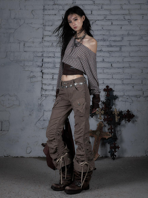NO ROMANCE 100 Percent Cotton Slim Cargo Original Natural Waist Girls Beige Straight Pants