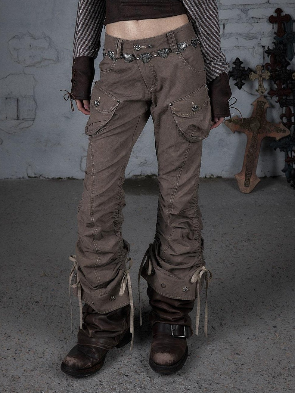NO ROMANCE 100 Percent Cotton Slim Cargo Original Natural Waist Girls Beige Straight Pants