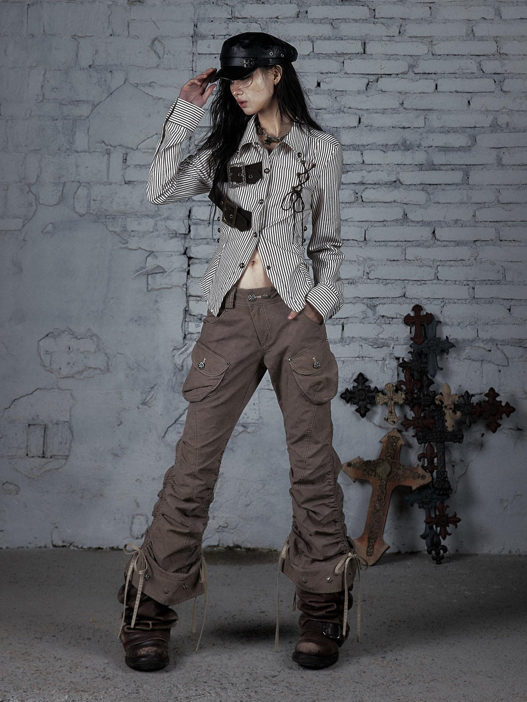NO ROMANCE 100 Percent Cotton Slim Cargo Original Natural Waist Girls Beige Straight Pants