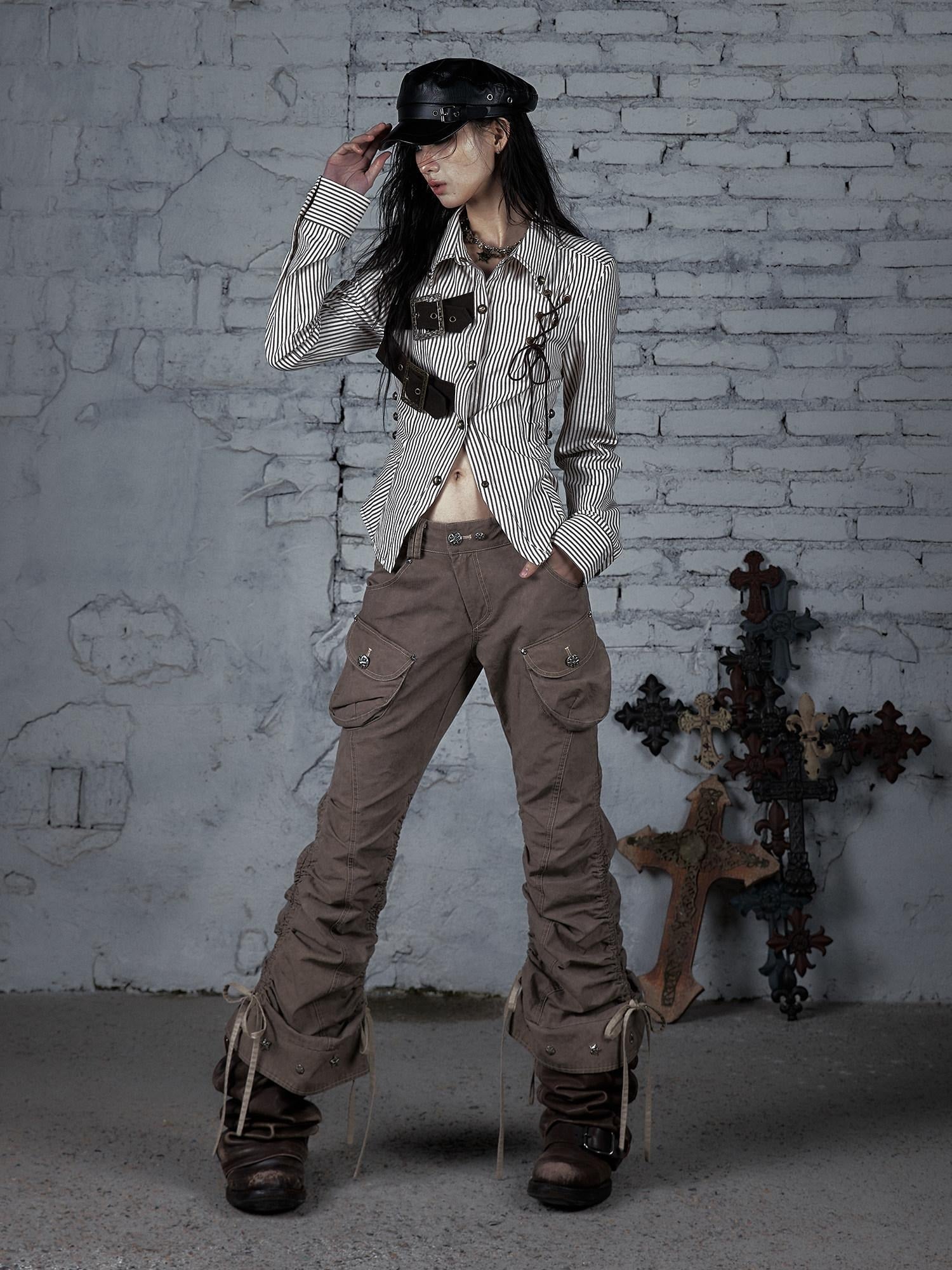NO ROMANCE 100 Percent Cotton Slim Cargo Original Natural Waist Girls Beige Straight Pants