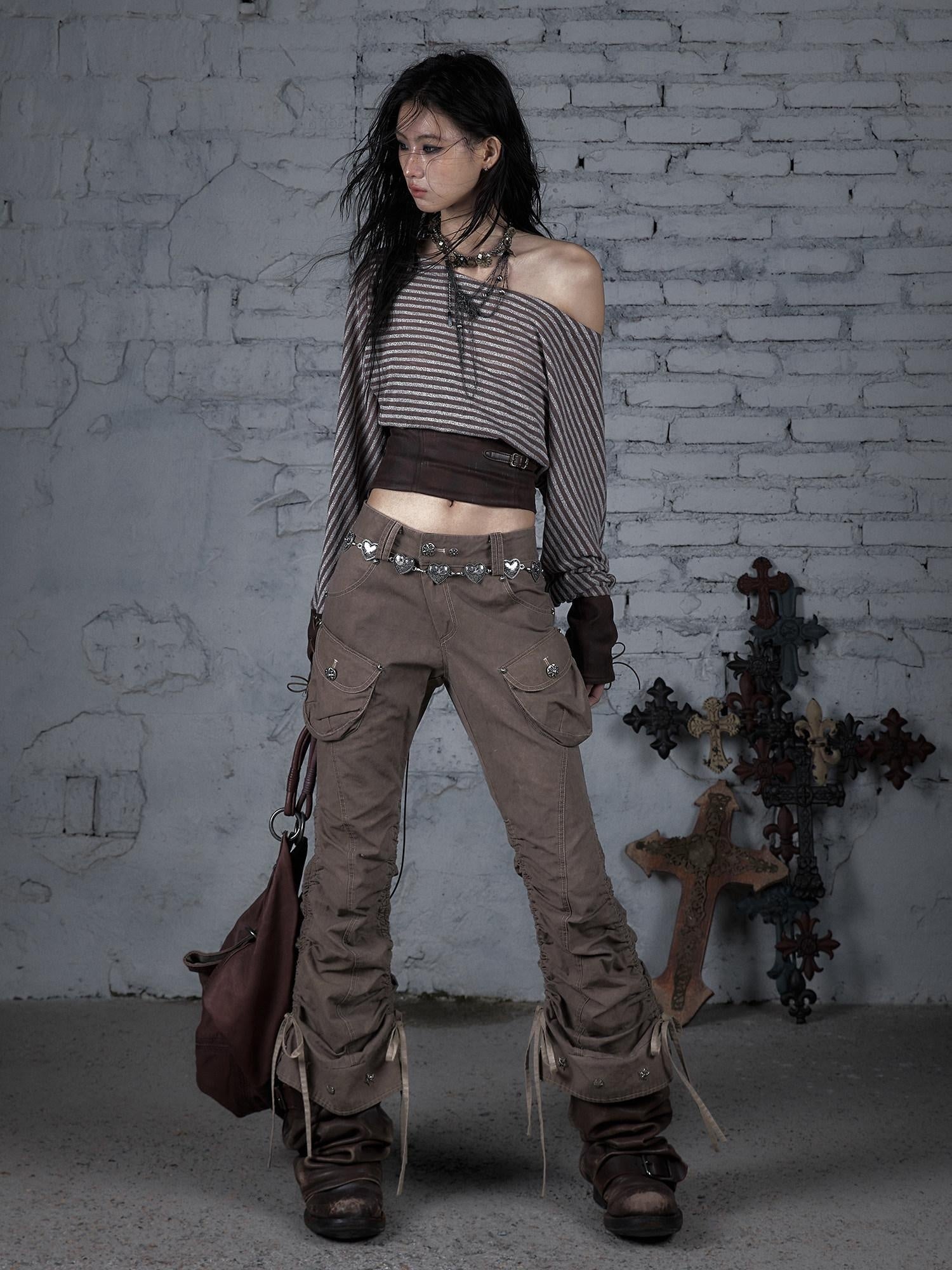 NO ROMANCE 100 Percent Cotton Slim Cargo Original Natural Waist Girls Beige Straight Pants