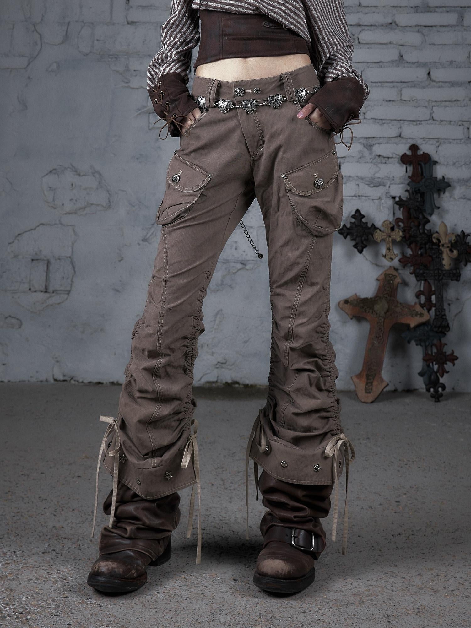 NO ROMANCE 100 Percent Cotton Slim Cargo Original Natural Waist Girls Beige Straight Pants
