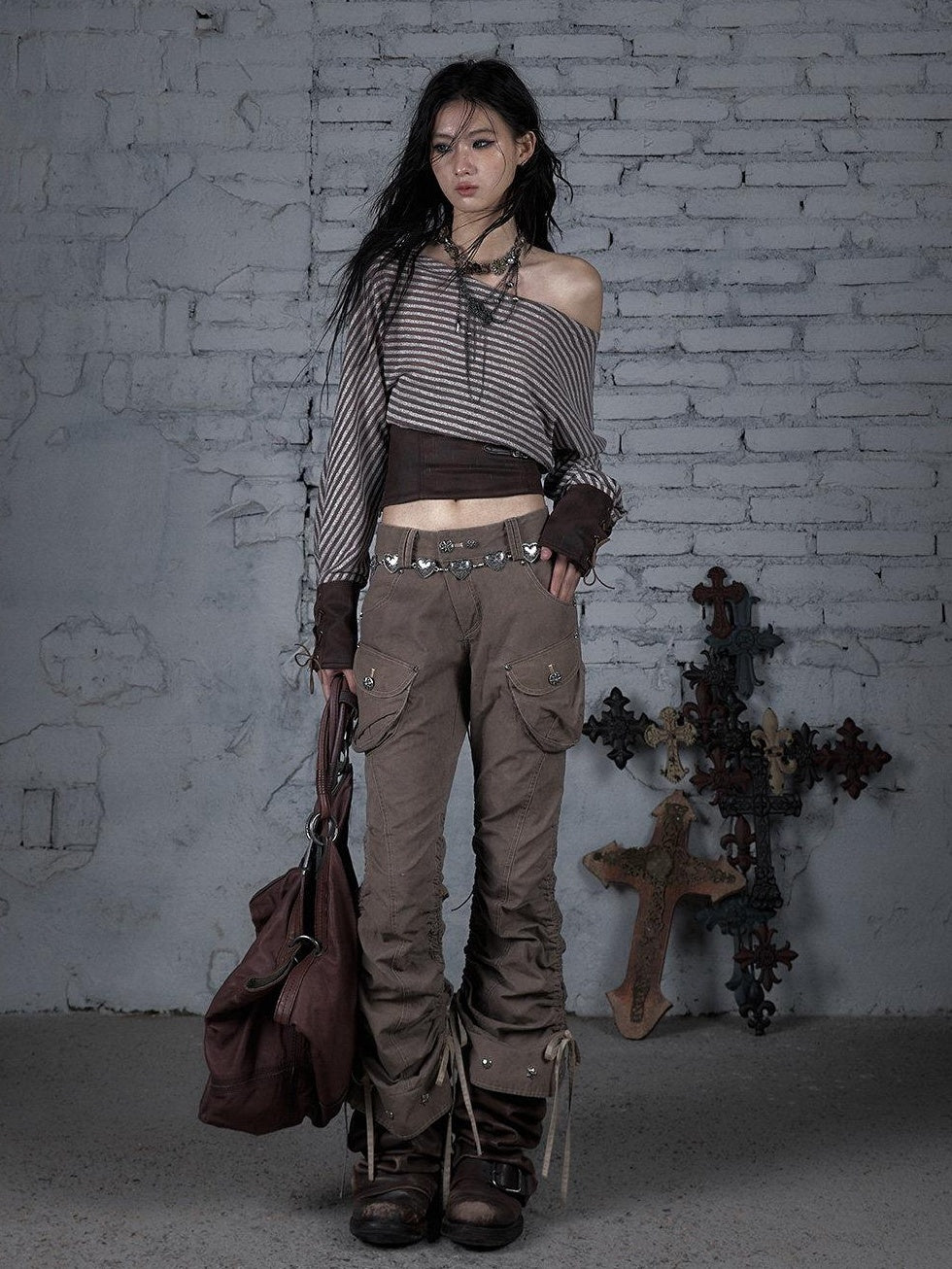 NO ROMANCE 100 Percent Cotton Slim Cargo Original Natural Waist Girls Beige Straight Pants