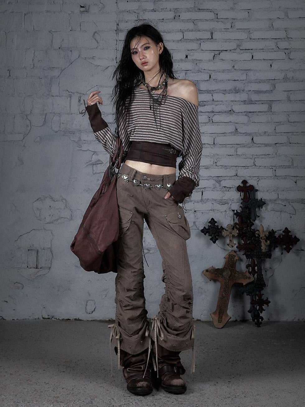NO ROMANCE 100 Percent Cotton Slim Cargo Original Natural Waist Girls Beige Straight Pants