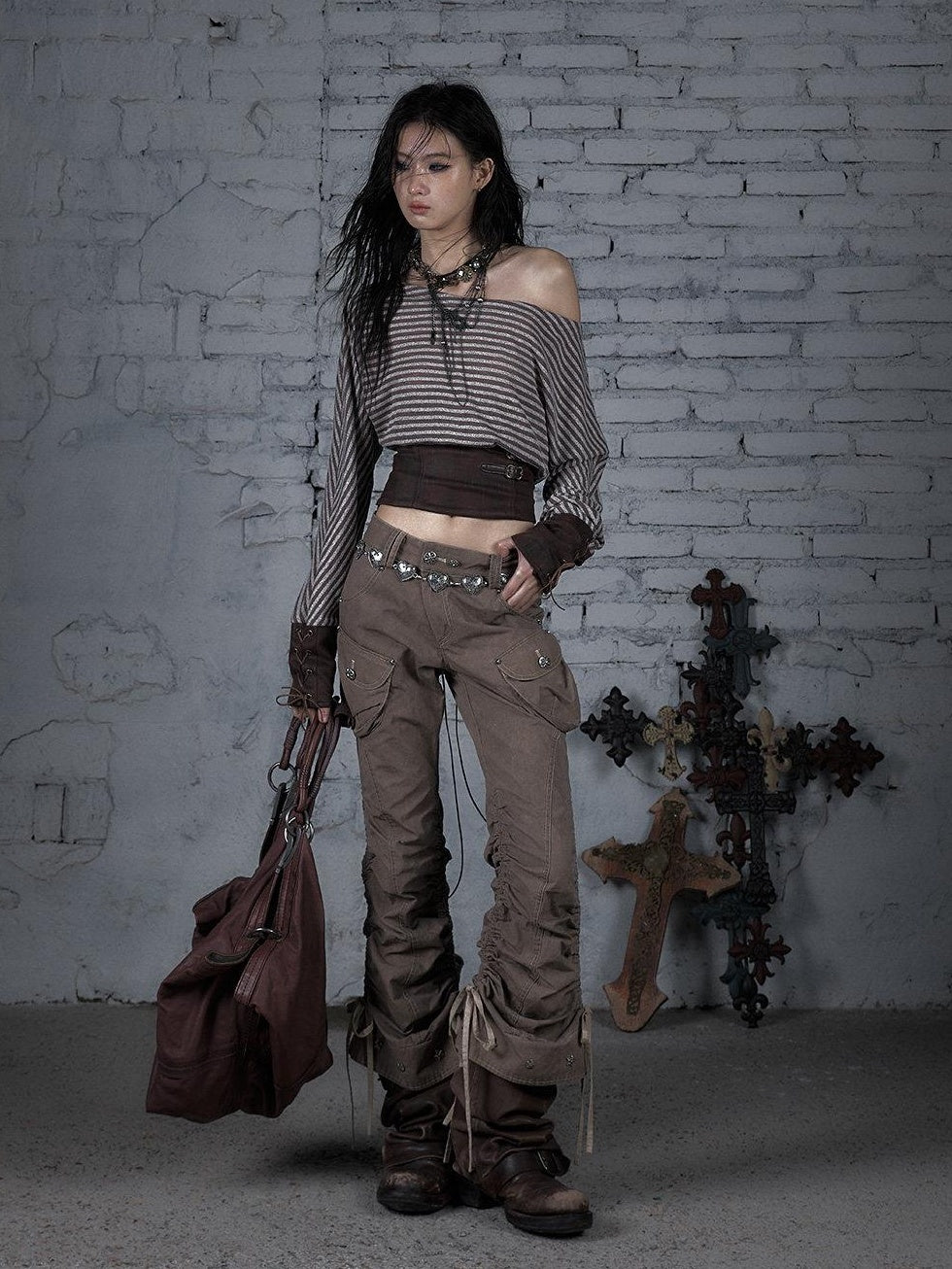 NO ROMANCE 100 Percent Cotton Slim Cargo Original Natural Waist Girls Beige Straight Pants