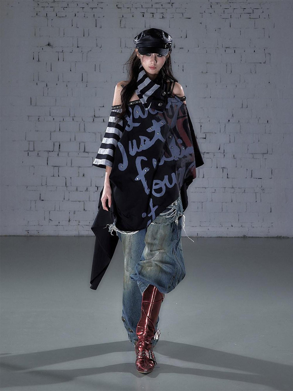 NO ROMANCE Asymmetric Punk Striped Women Cotton Blend Black Gray Short Sleeve T-Shirts