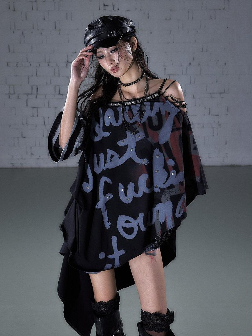NO ROMANCE Asymmetric Punk Striped Women Cotton Blend Black Gray Short Sleeve T-Shirts