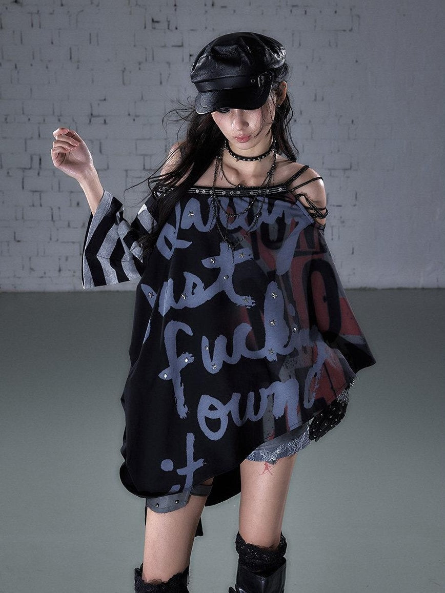 NO ROMANCE Asymmetric Punk Striped Women Cotton Blend Black Gray Short Sleeve T-Shirts