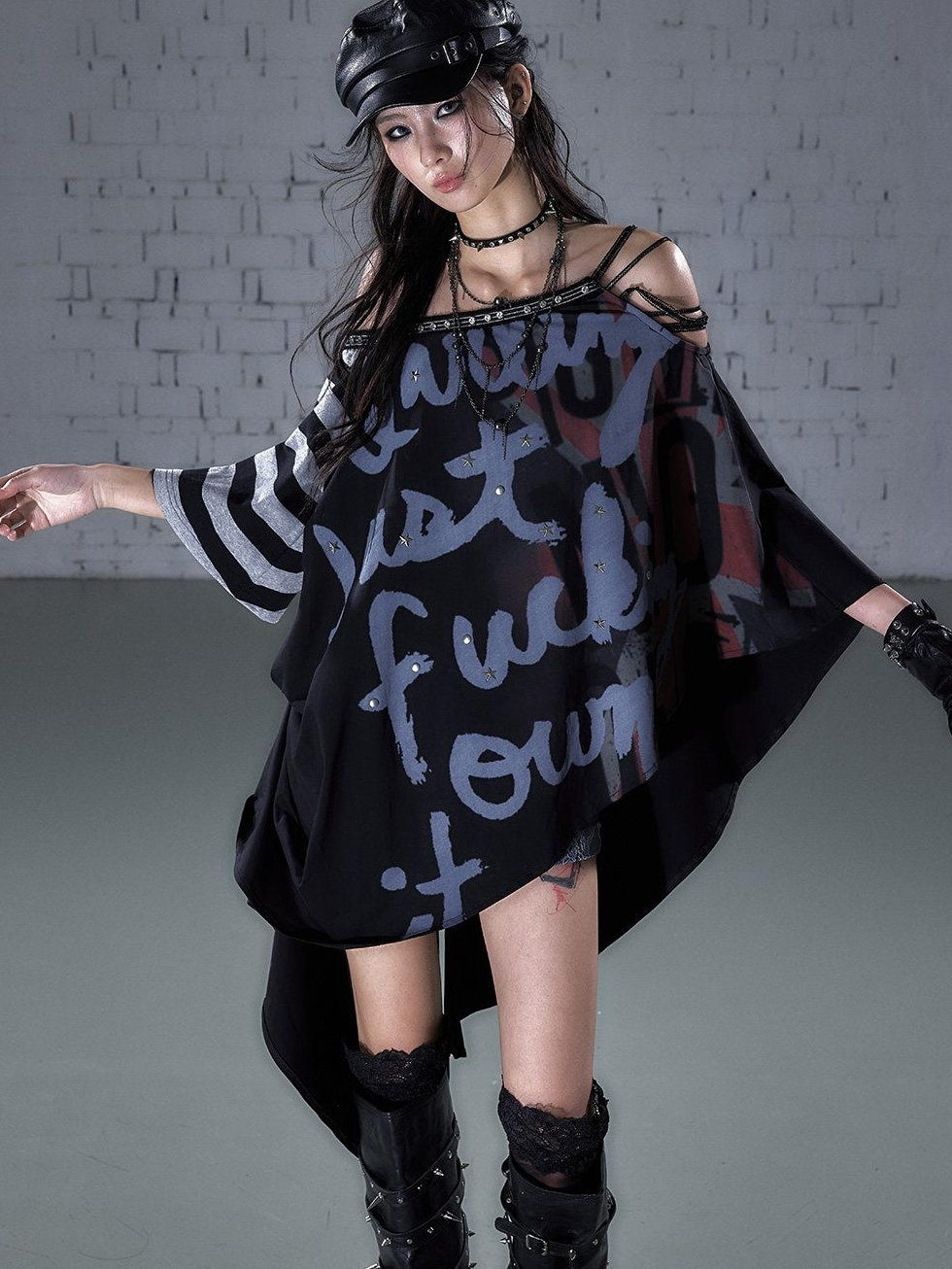 NO ROMANCE Asymmetric Punk Striped Women Cotton Blend Black Gray Short Sleeve T-Shirts
