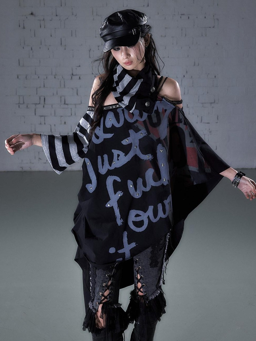NO ROMANCE Asymmetric Punk Striped Women Cotton Blend Black Gray Short Sleeve T-Shirts