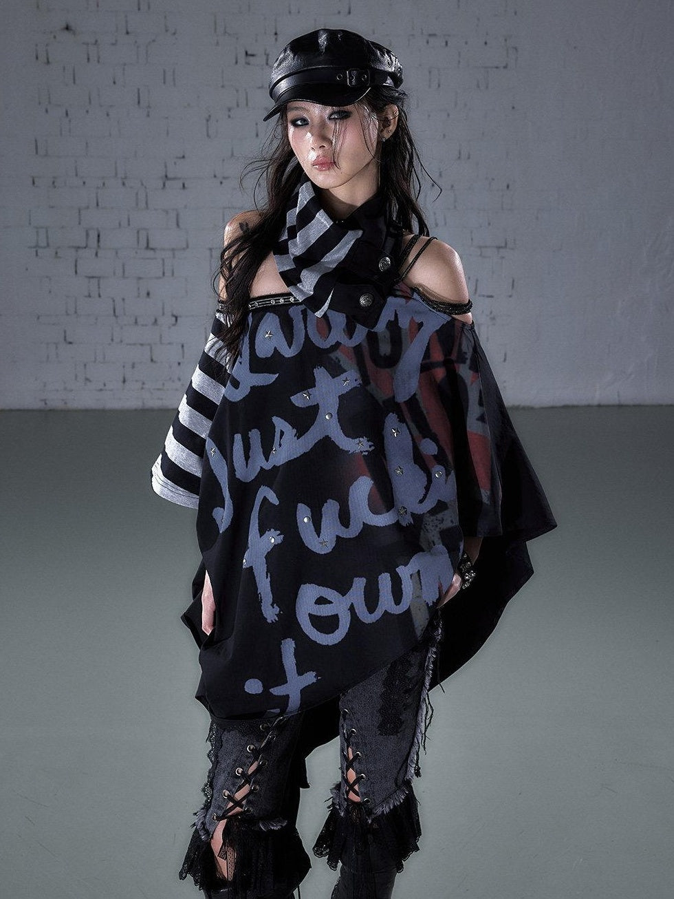 NO ROMANCE Asymmetric Punk Striped Women Cotton Blend Black Gray Short Sleeve T-Shirts
