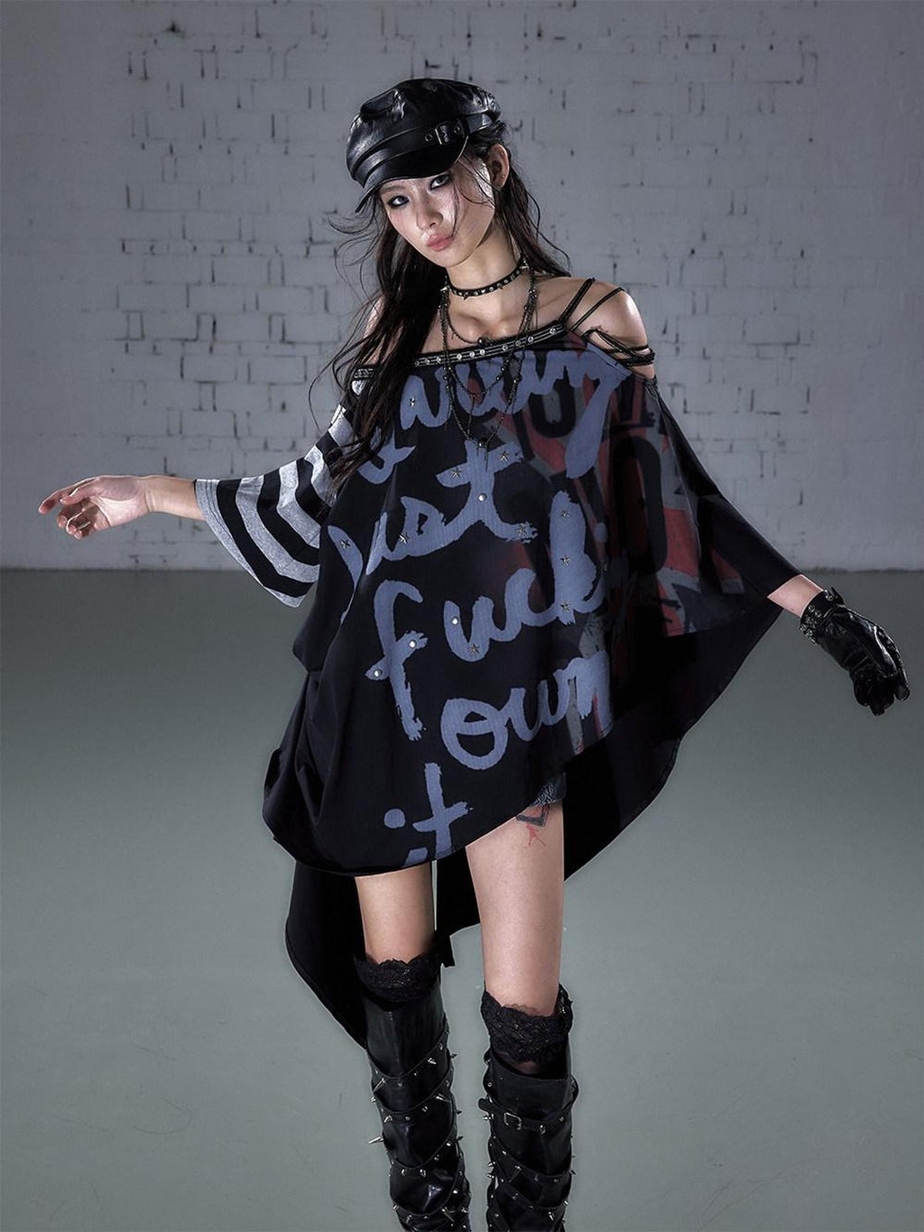 NO ROMANCE Asymmetric Punk Striped Women Cotton Blend Black Gray Short Sleeve T-Shirts