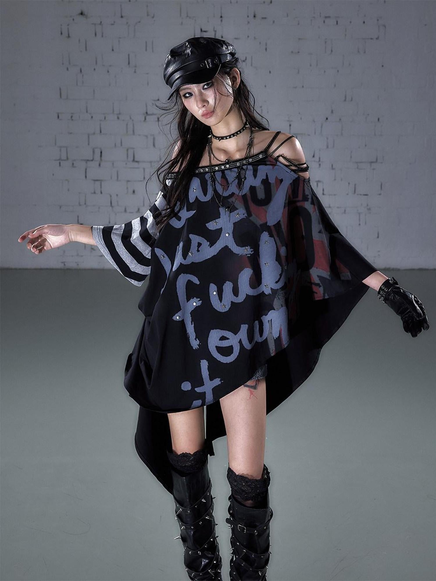 NO ROMANCE Asymmetric Punk Striped Women Cotton Blend Black Gray Short Sleeve T-Shirts