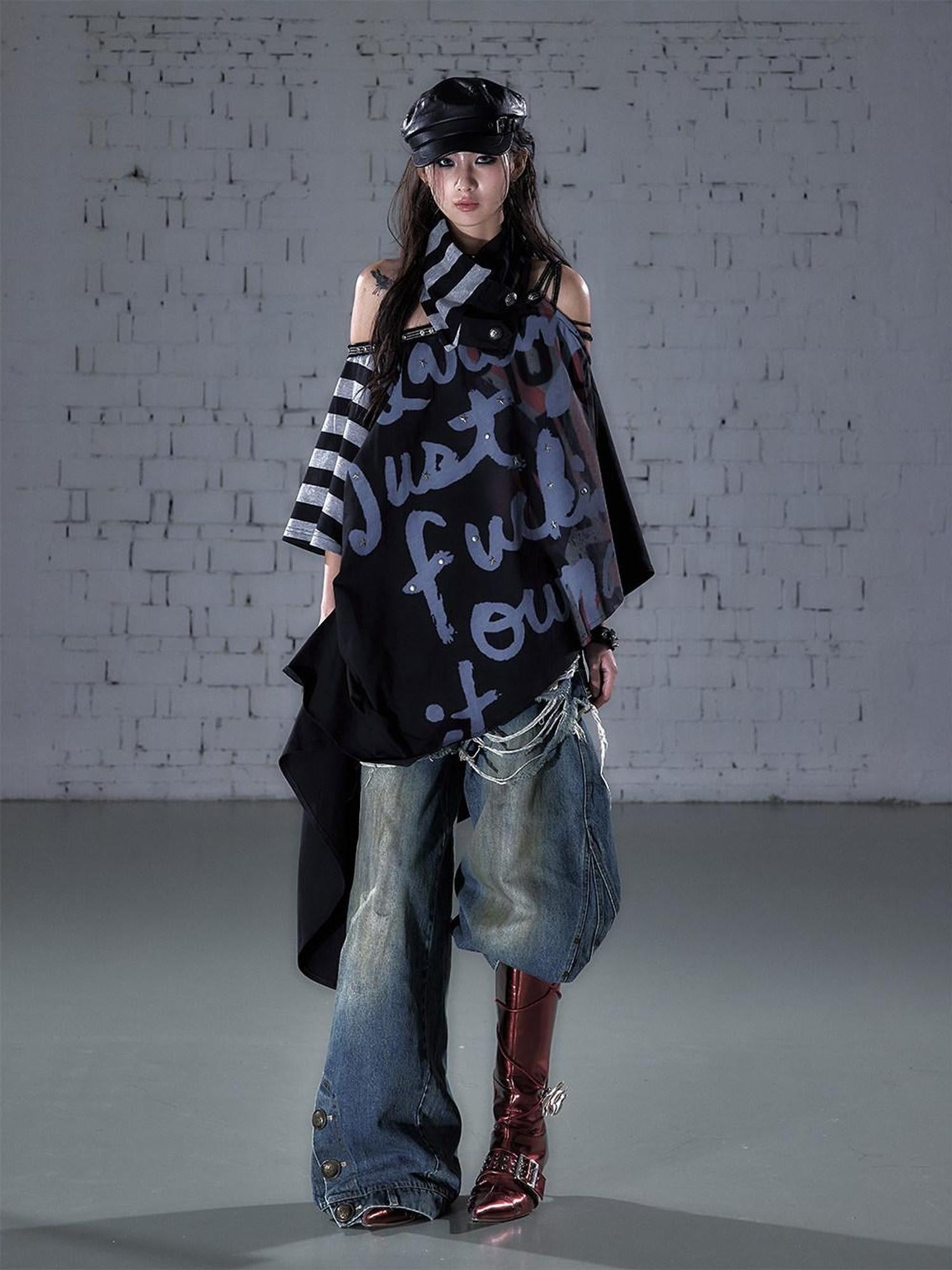 NO ROMANCE Asymmetric Punk Striped Women Cotton Blend Black Gray Short Sleeve T-Shirts