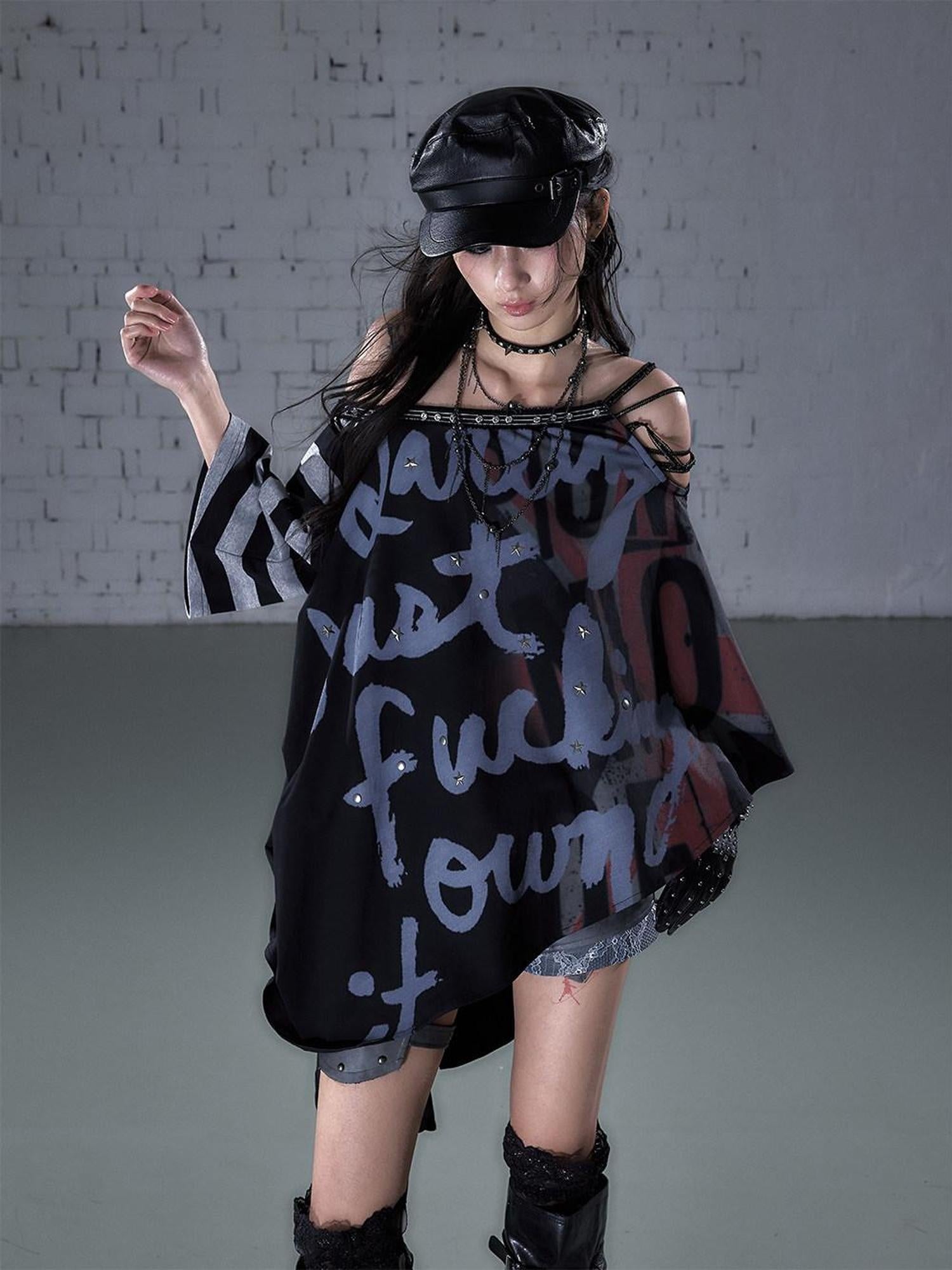 NO ROMANCE Asymmetric Punk Striped Women Cotton Blend Black Gray Short Sleeve T-Shirts