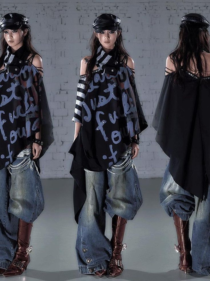 NO ROMANCE Asymmetric Punk Striped Women Cotton Blend Black Gray Short Sleeve T-Shirts