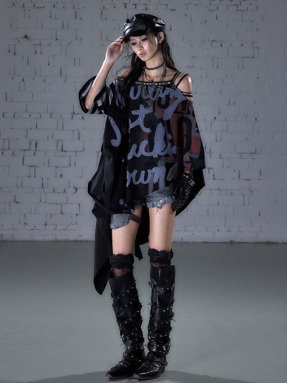 NO ROMANCE Asymmetric Punk Striped Women Cotton Blend Black Gray Short Sleeve T-Shirts