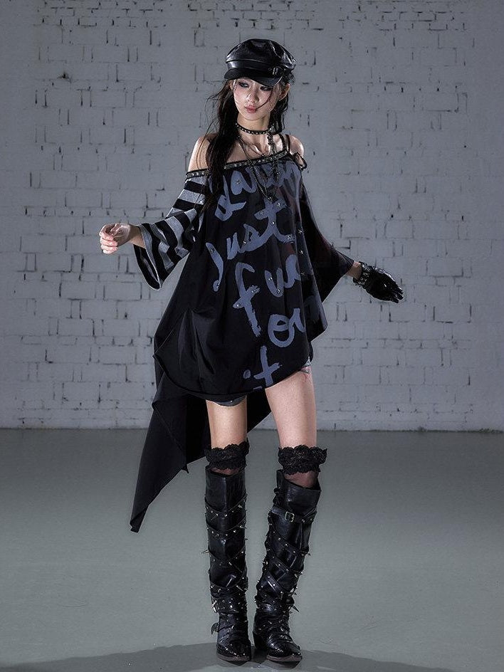 NO ROMANCE Asymmetric Punk Striped Women Cotton Blend Black Gray Short Sleeve T-Shirts