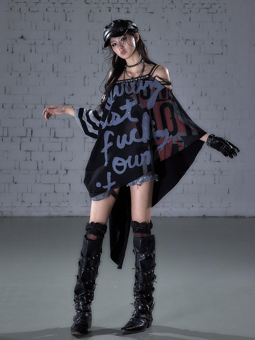 NO ROMANCE Asymmetric Punk Striped Women Cotton Blend Black Gray Short Sleeve T-Shirts