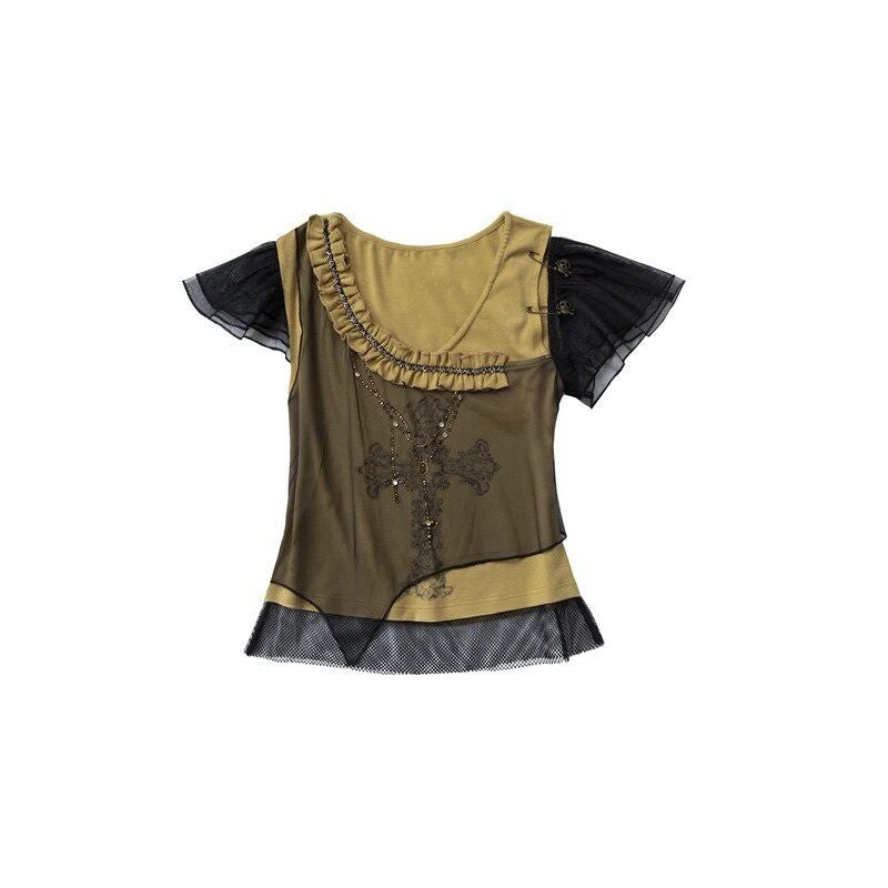 NO_ROMANCE_Asymmetrical_Mesh_Patchwork_Cross_V-neck_Street_Rock_Yellow_Black_Crop_Tops_MISSTT