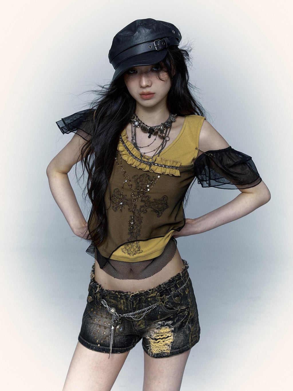 NO ROMANCE Asymmetrical Mesh Patchwork Cross V-neck Street Rock Yellow Black Crop Tops