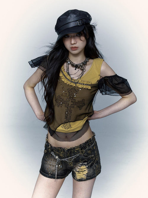 NO ROMANCE Asymmetrical Mesh Patchwork Cross V-neck Street Rock Yellow Black Crop Tops