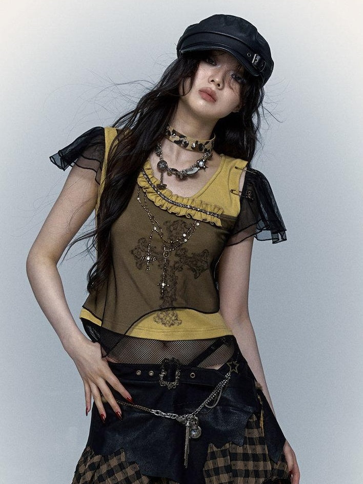 NO ROMANCE Asymmetrical Mesh Patchwork Cross V-neck Street Rock Yellow Black Crop Tops