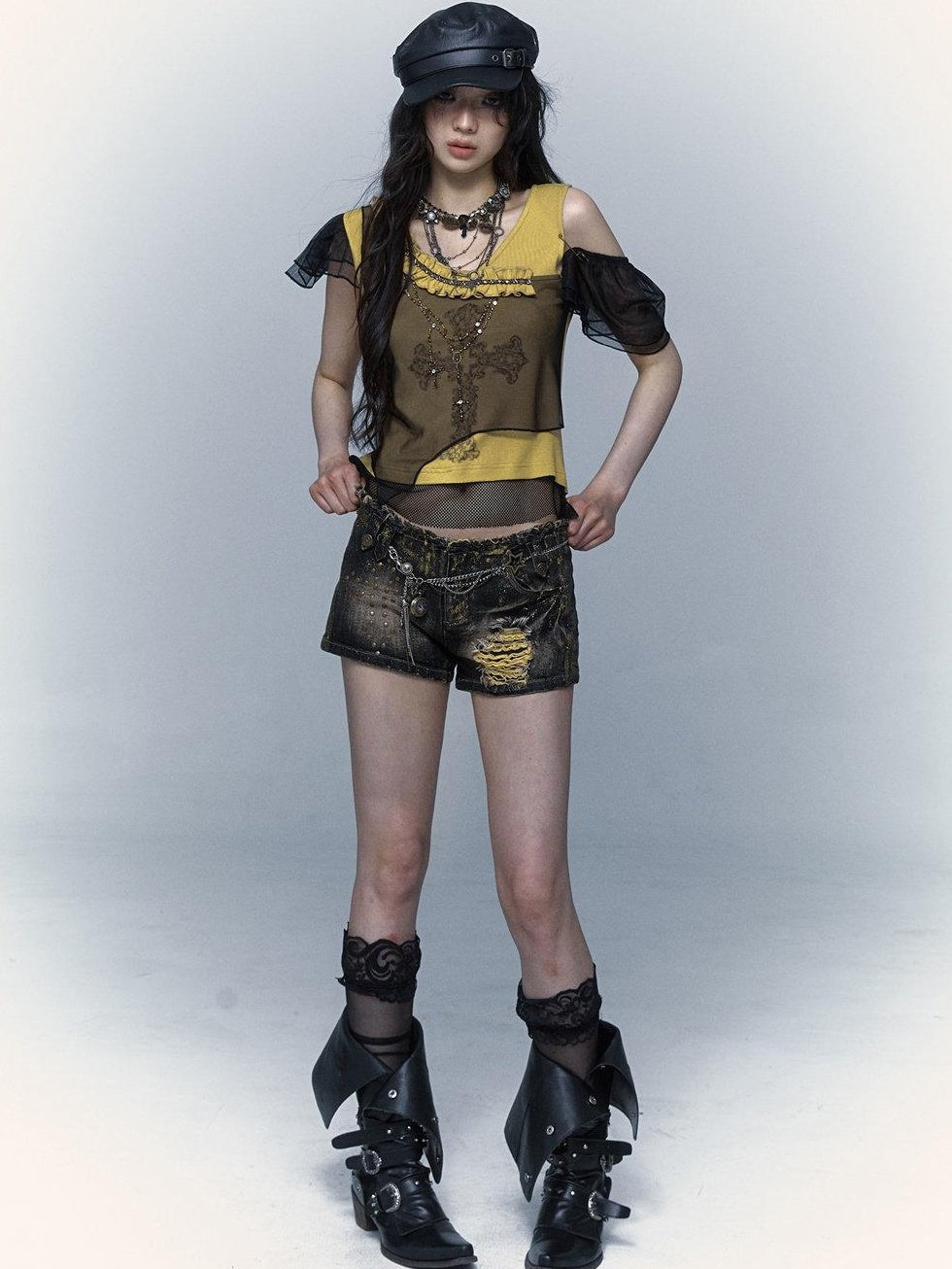 NO ROMANCE Asymmetrical Mesh Patchwork Cross V-neck Street Rock Yellow Black Crop Tops