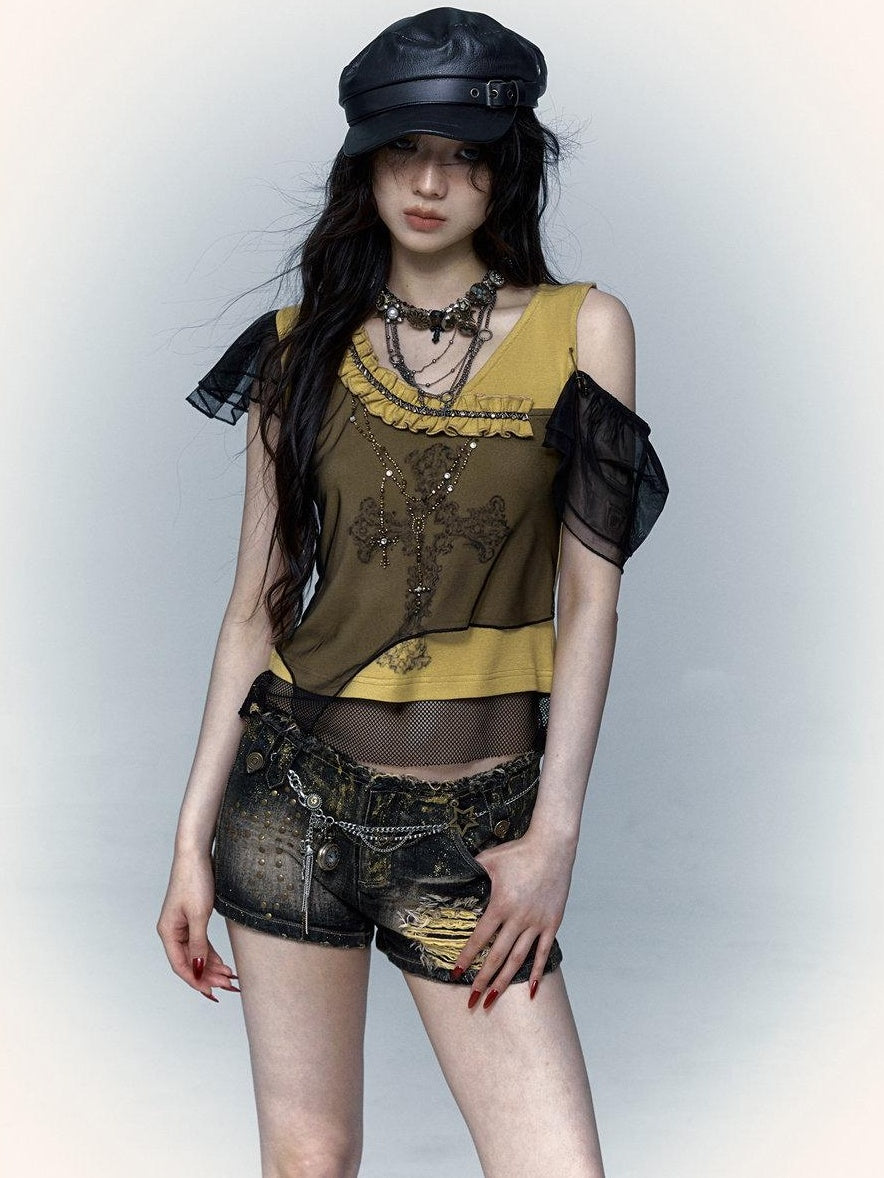 NO ROMANCE Asymmetrical Mesh Patchwork Cross V-neck Street Rock Yellow Black Crop Tops