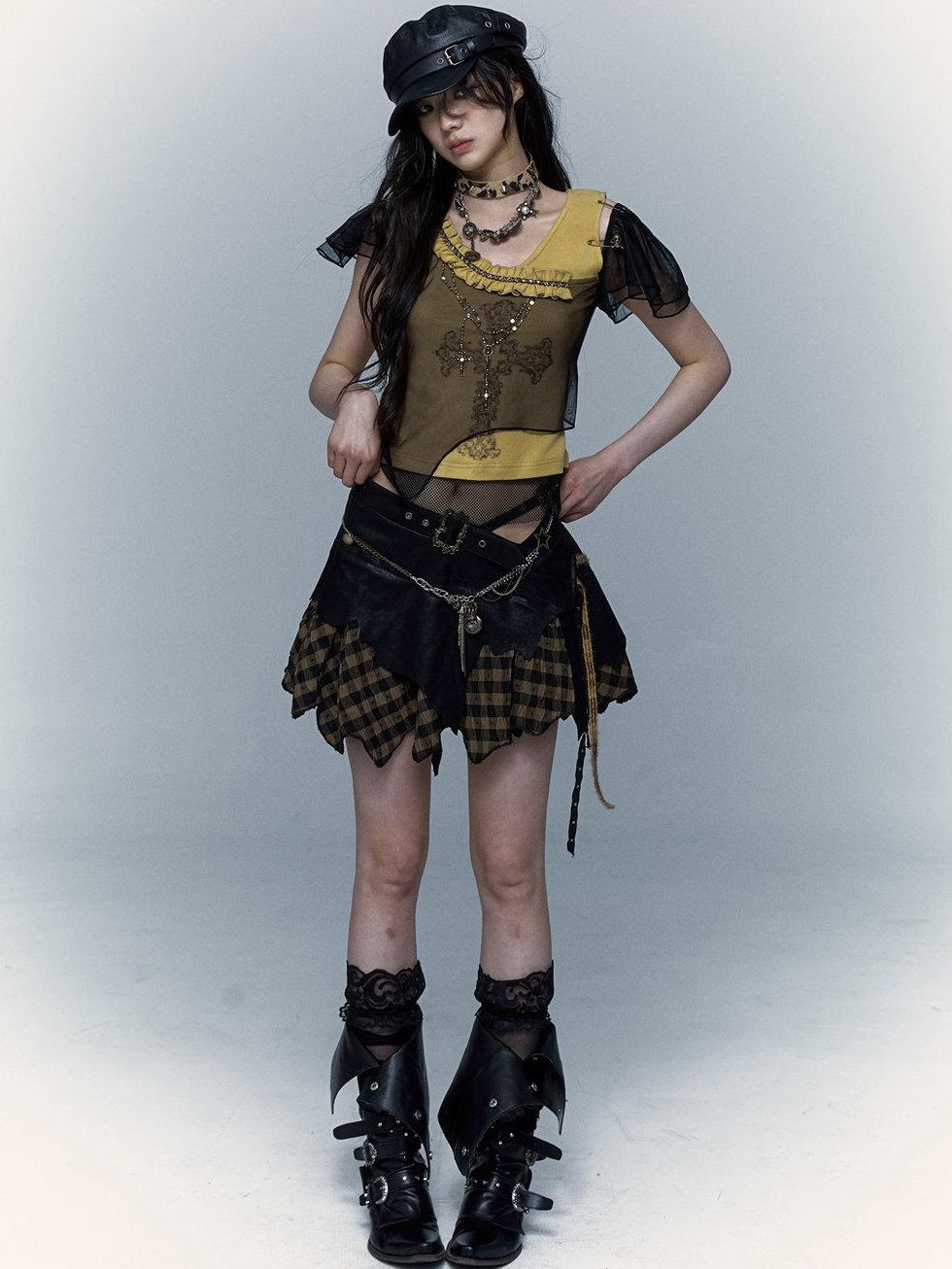 NO ROMANCE Asymmetrical Mesh Patchwork Cross V-neck Street Rock Yellow Black Crop Tops