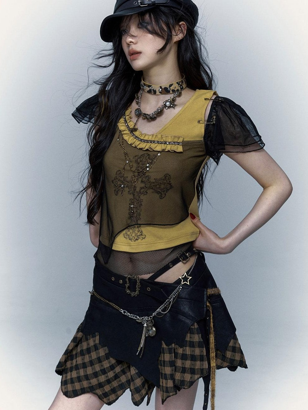 NO ROMANCE Asymmetrical Mesh Patchwork Cross V-neck Street Rock Yellow Black Crop Tops