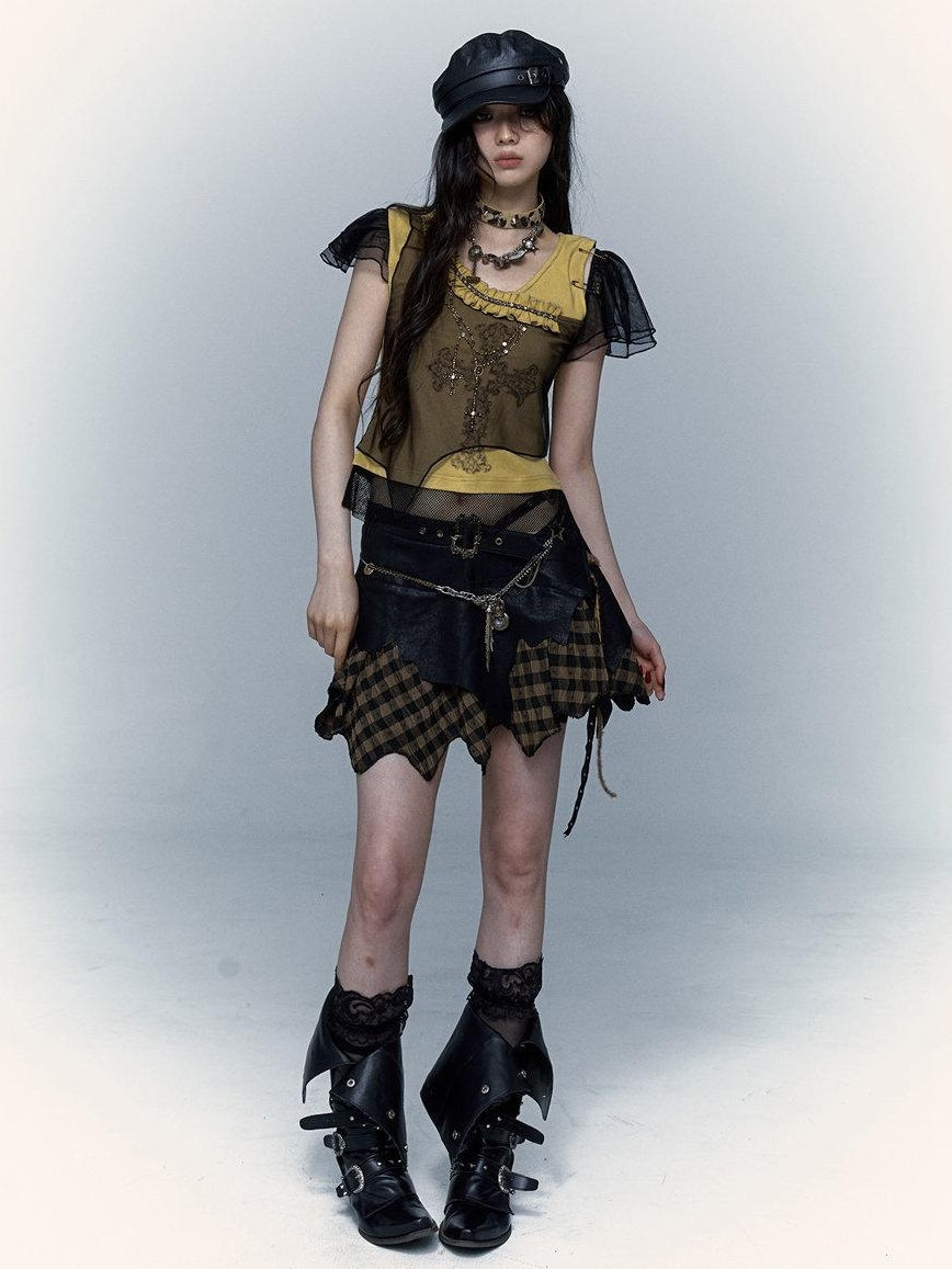 NO ROMANCE Asymmetrical Mesh Patchwork Cross V-neck Street Rock Yellow Black Crop Tops