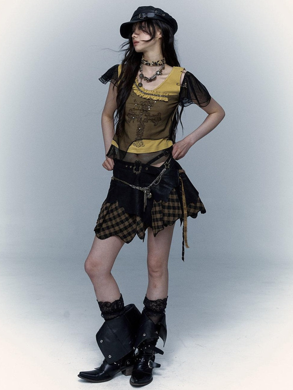 NO ROMANCE Asymmetrical Mesh Patchwork Cross V-neck Street Rock Yellow Black Crop Tops