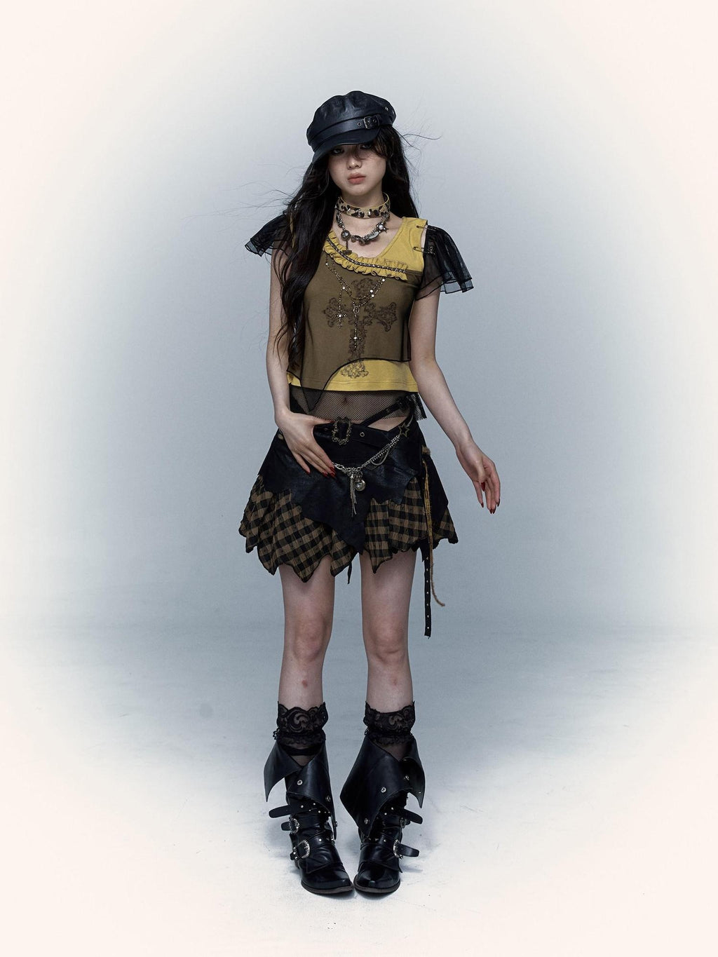 NO ROMANCE Asymmetrical Mesh Patchwork Cross V-neck Street Rock Yellow Black Crop Tops