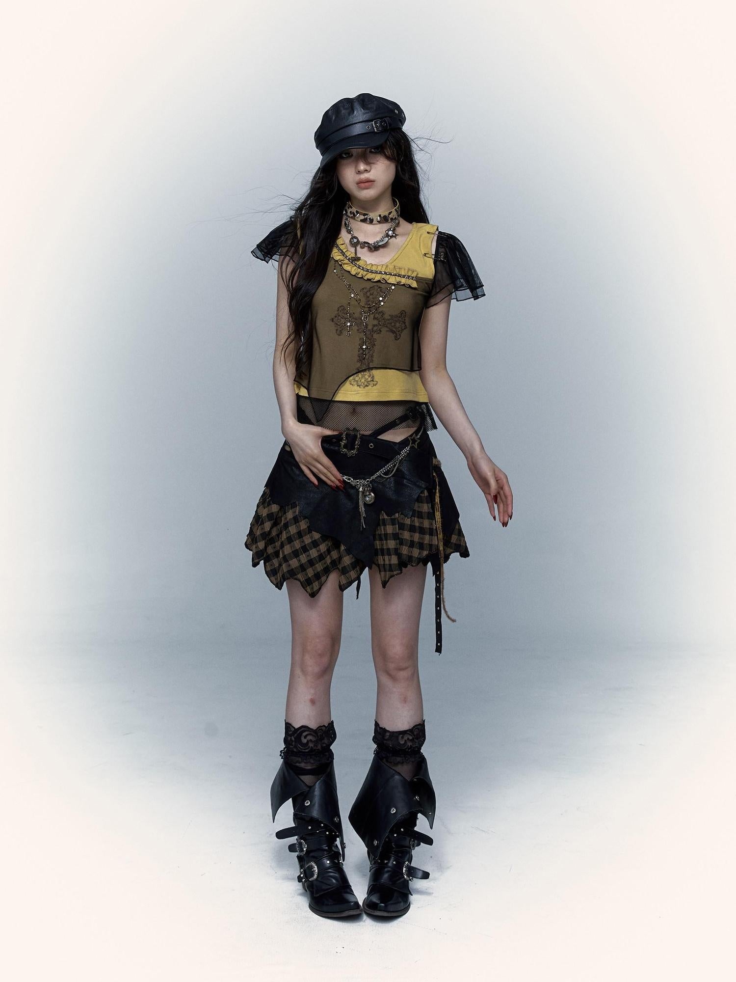 NO ROMANCE Asymmetrical Mesh Patchwork Cross V-neck Street Rock Yellow Black Crop Tops