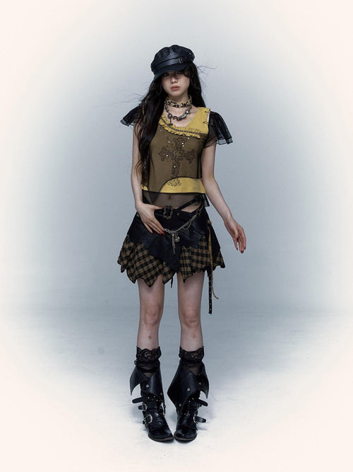 NO ROMANCE Asymmetrical Mesh Patchwork Cross V-neck Street Rock Yellow Black Crop Tops
