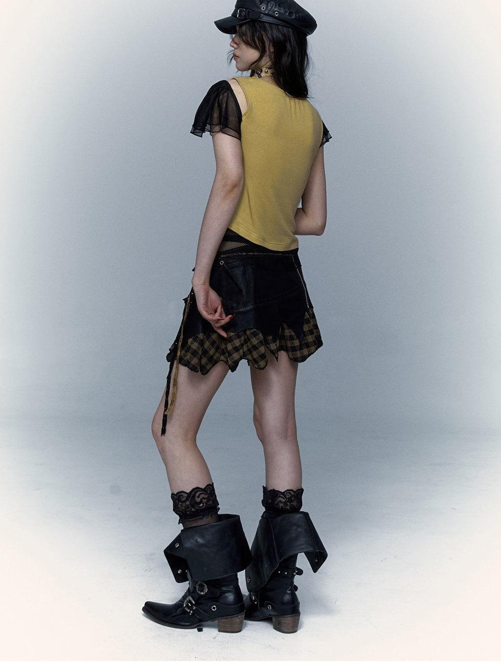 NO ROMANCE Asymmetrical Mesh Patchwork Cross V-neck Street Rock Yellow Black Crop Tops