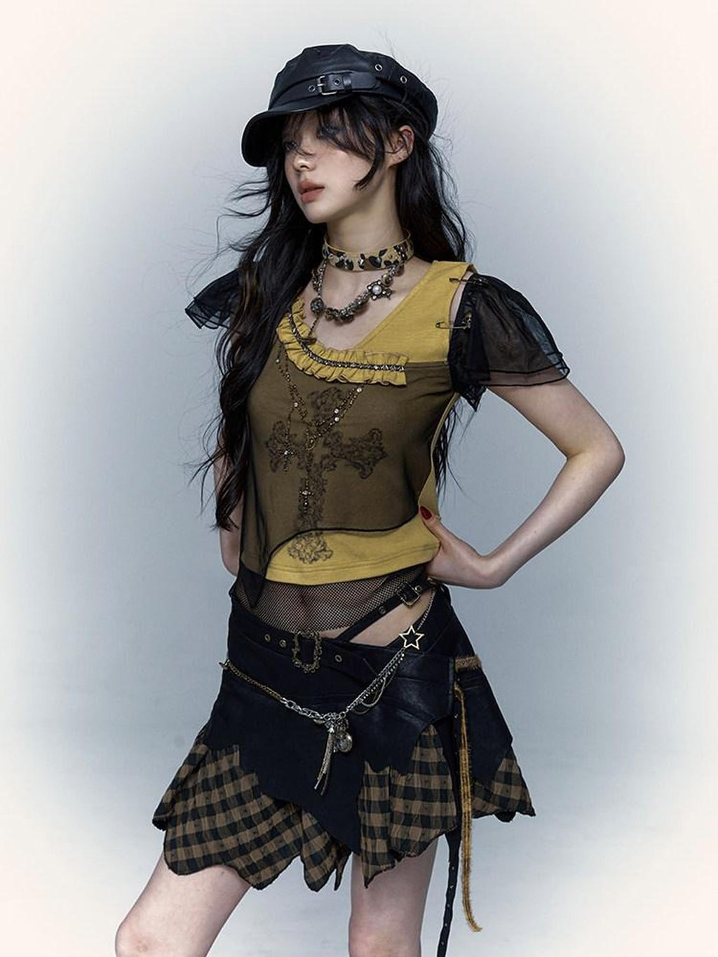 NO ROMANCE Asymmetrical Mesh Patchwork Cross V-neck Street Rock Yellow Black Crop Tops