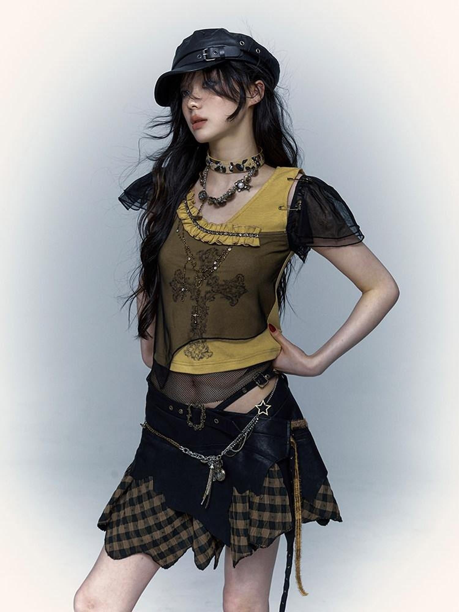 NO ROMANCE Asymmetrical Mesh Patchwork Cross V-neck Street Rock Yellow Black Crop Tops