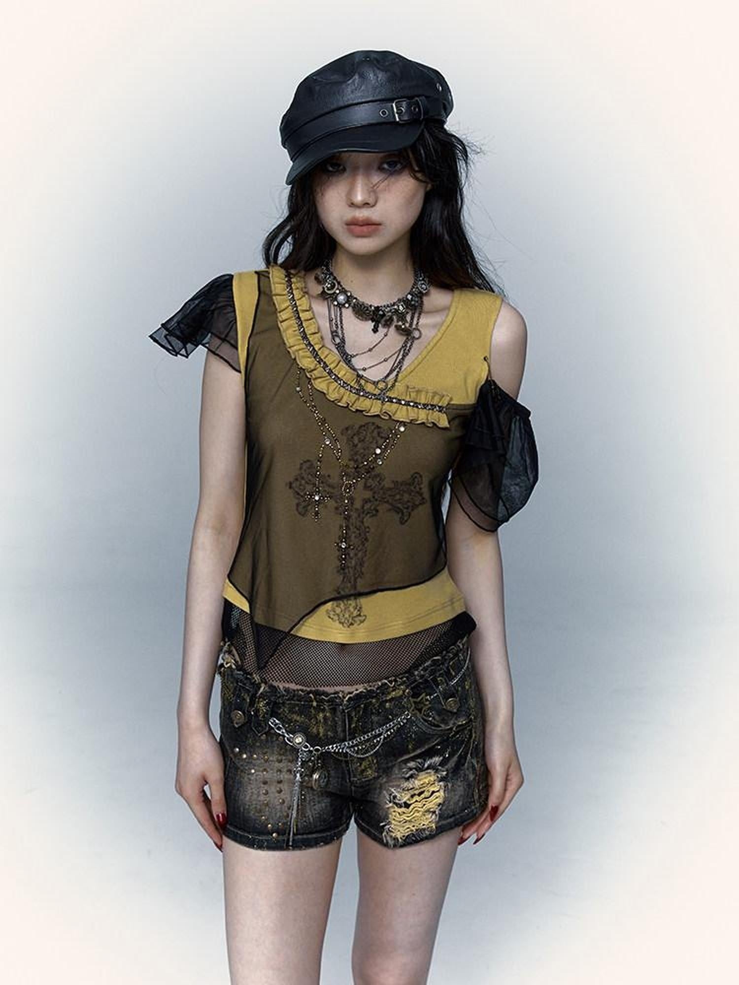NO ROMANCE Asymmetrical Mesh Patchwork Cross V-neck Street Rock Yellow Black Crop Tops
