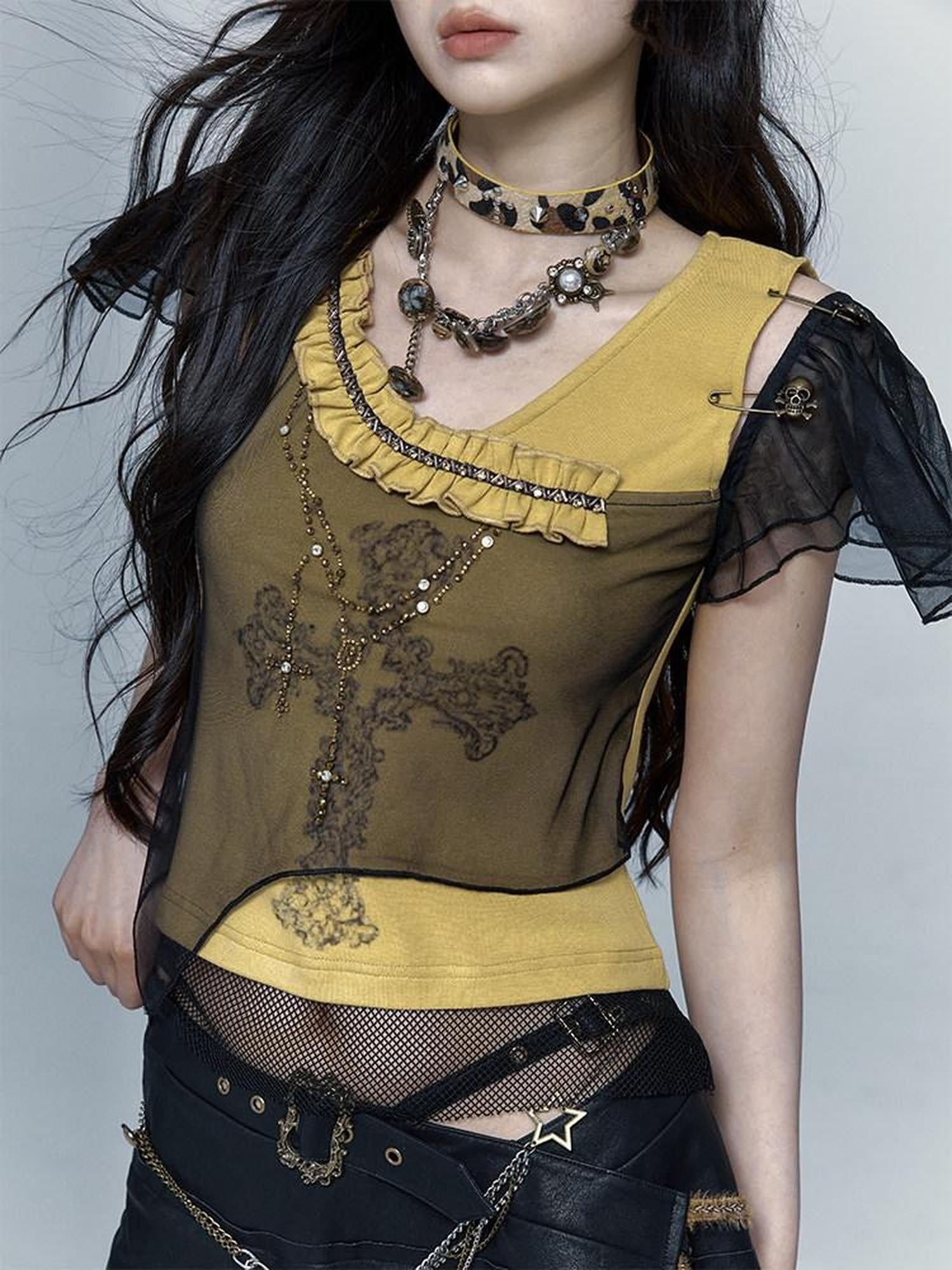 NO ROMANCE Asymmetrical Mesh Patchwork Cross V-neck Street Rock Yellow Black Crop Tops