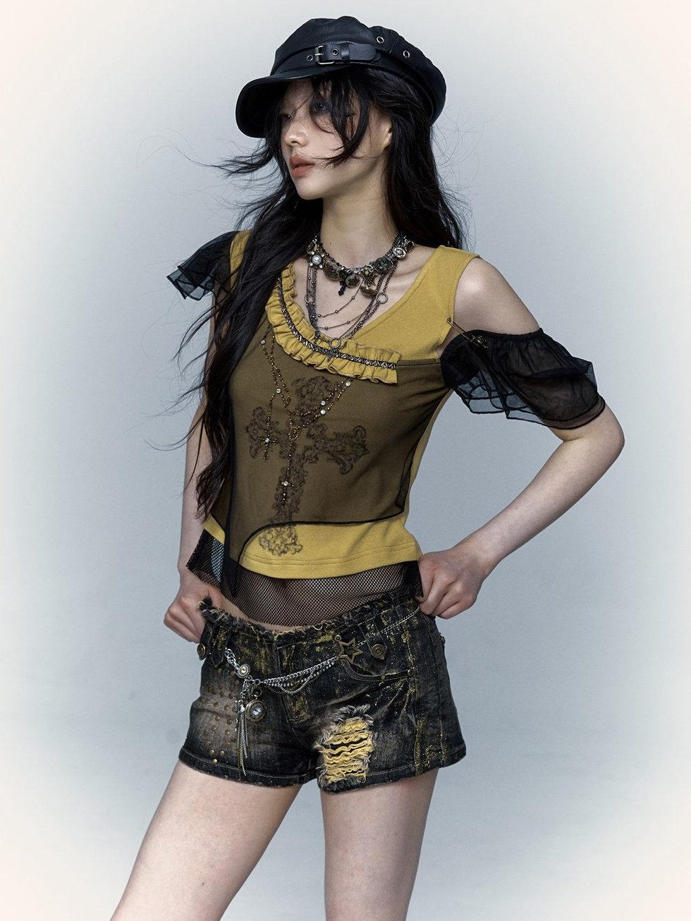 NO ROMANCE Asymmetrical Mesh Patchwork Cross V-neck Street Rock Yellow Black Crop Tops